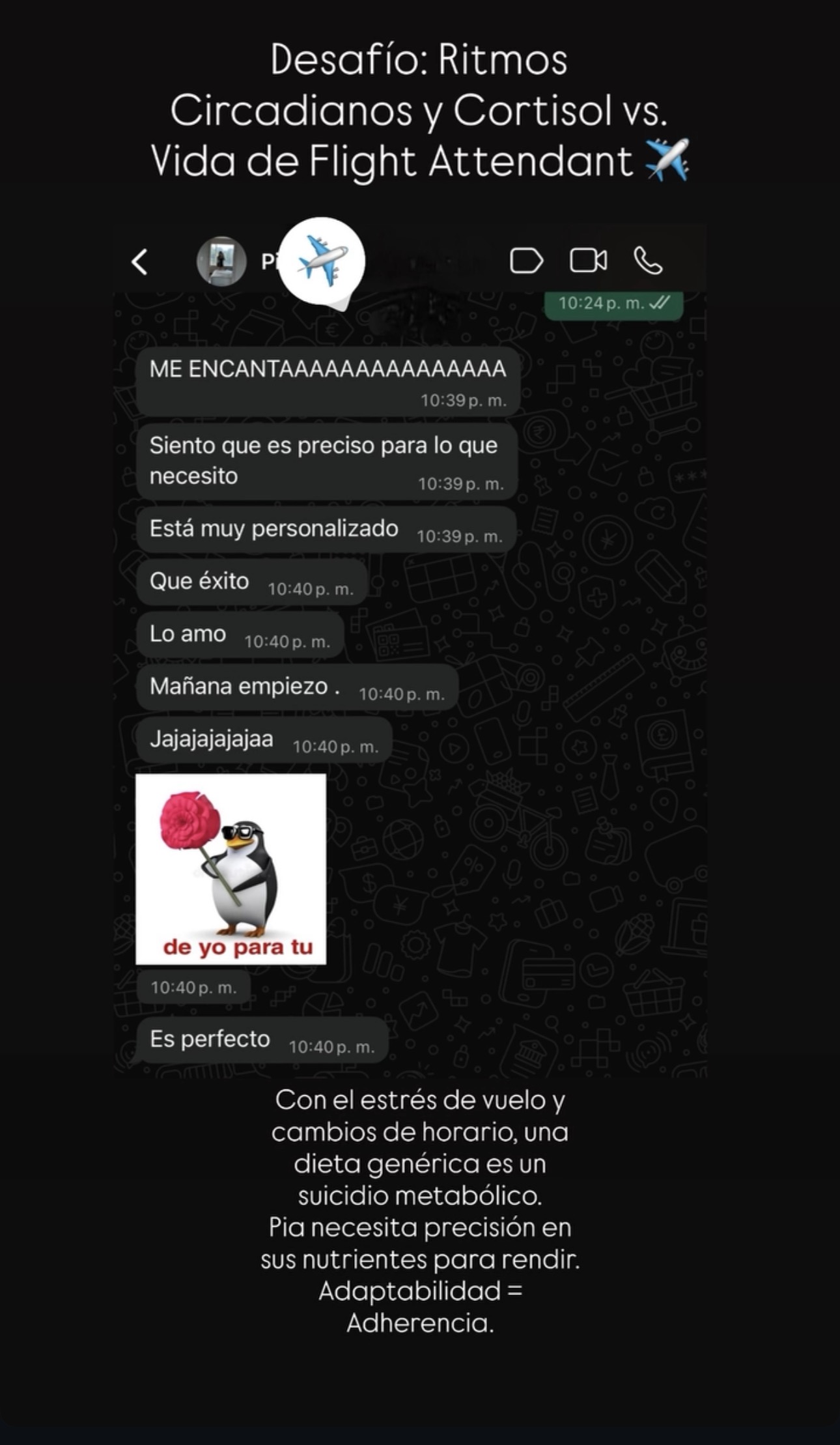 Testimonio de Pia, flight attendant: plan personalizado para ritmos circadianos y estrés de vuelo.