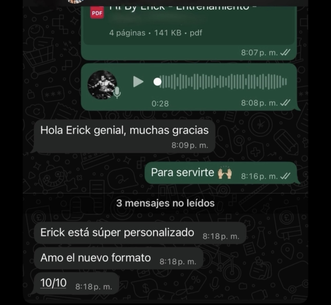 Testimonio de cliente Fit By Erick sobre resultados del plan personalizado.
